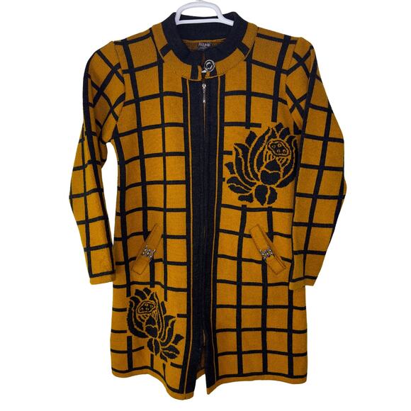 Vintage Poulrok Womens Large Sweater Jacket Knit Full Zip Yellow Black Rose Wool - Picture 1 of 13